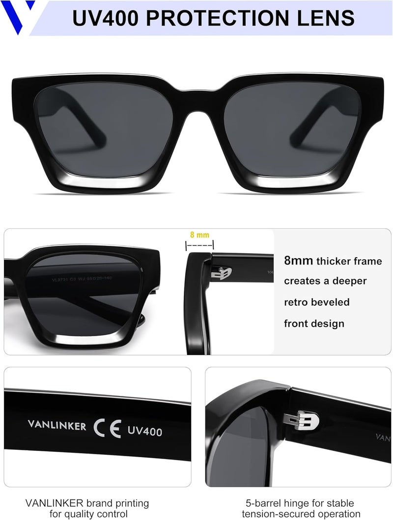 VANLINKER Thick Square Sunglasses for Men Women Retro Chunky Rectangle Shades UV400 Protection VL9731 - Image 4